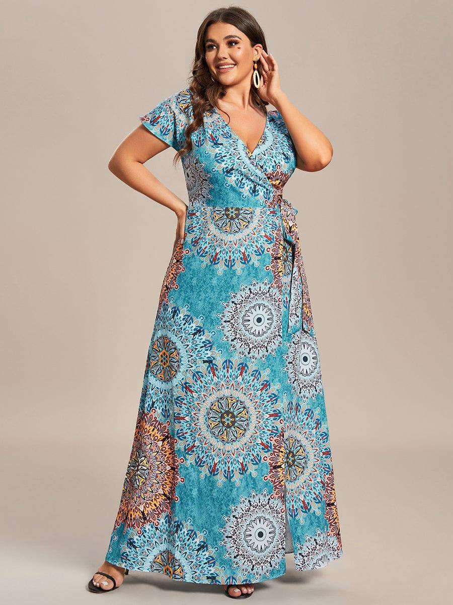 One-Piece Printed Short Sleeve Tie-Waist Wedding Guest Dress #color_Bohemian Light Blue
