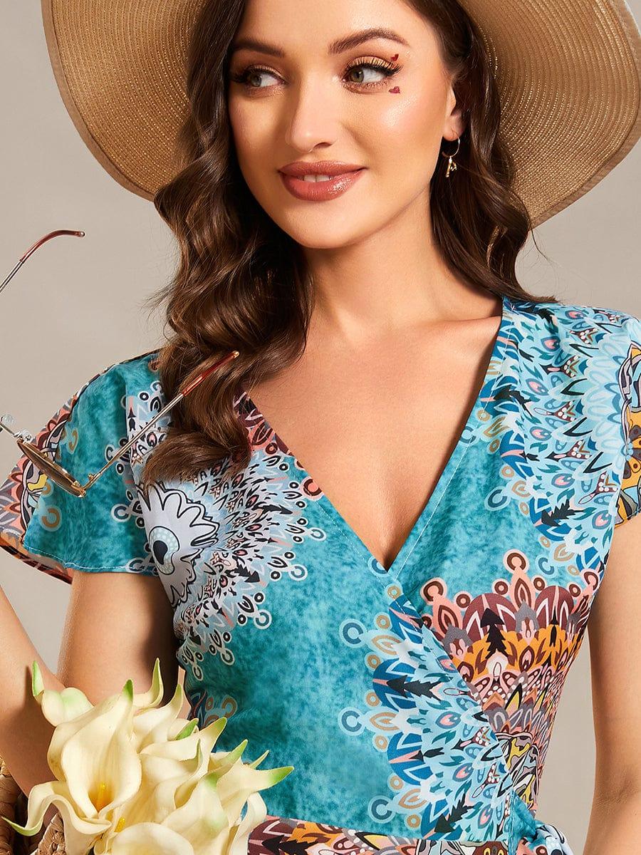 One-Piece Printed Short Sleeve Tie-Waist Wedding Guest Dress #color_Bohemian Light Blue
