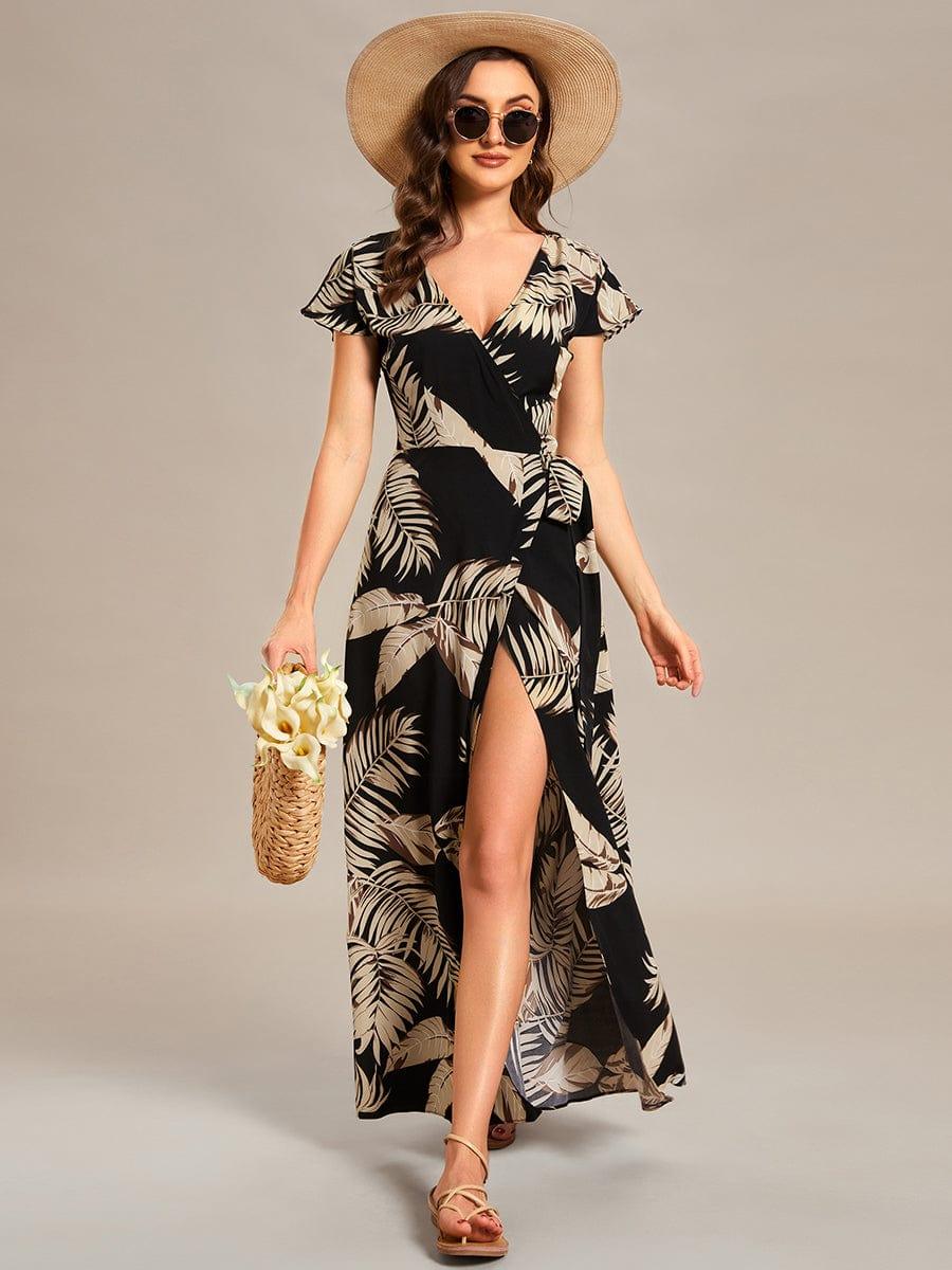 One-Piece Printed Short Sleeve Tie-Waist Wedding Guest Dress #color_Black and Printed