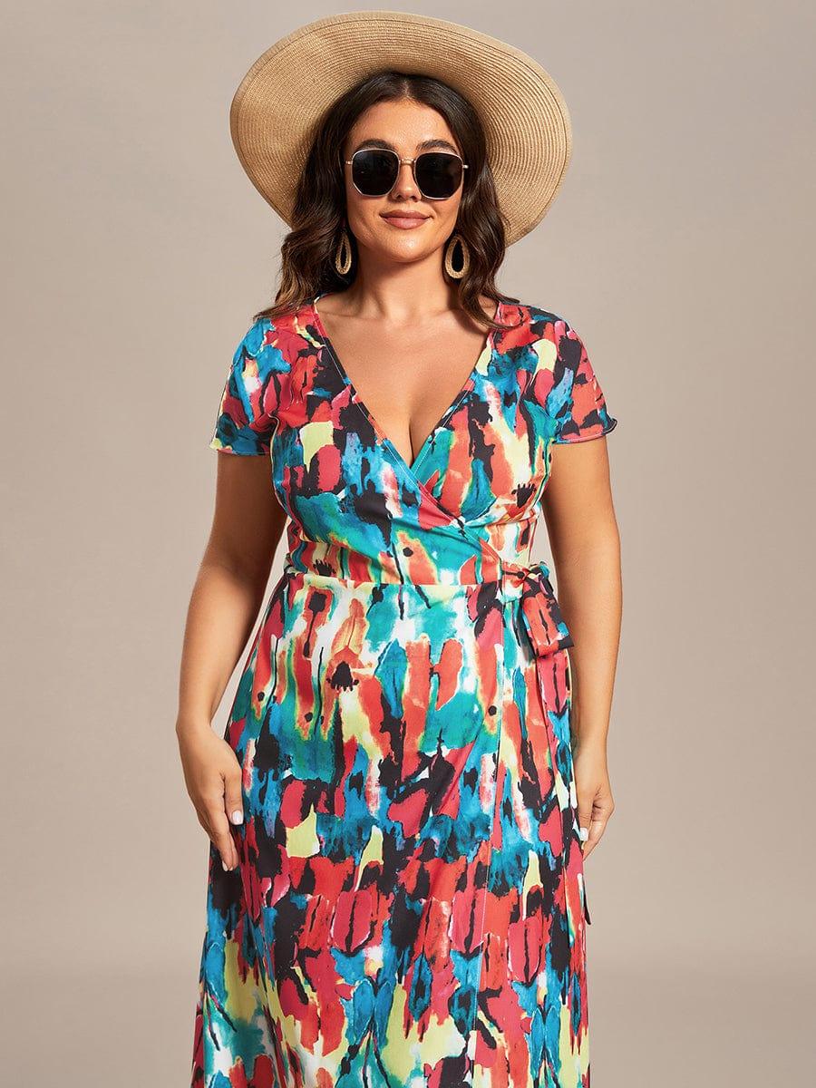 One-Piece Printed Short Sleeve Tie-Waist Wedding Guest Dress #color_Multicolor