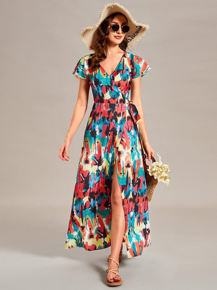 One-Piece Printed Short Sleeve Tie-Waist Wedding Guest Dress #color_Multicolor