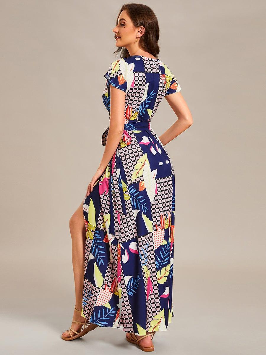 One-Piece Printed Short Sleeve Tie-Waist Wedding Guest Dress #color_Printed Geometry