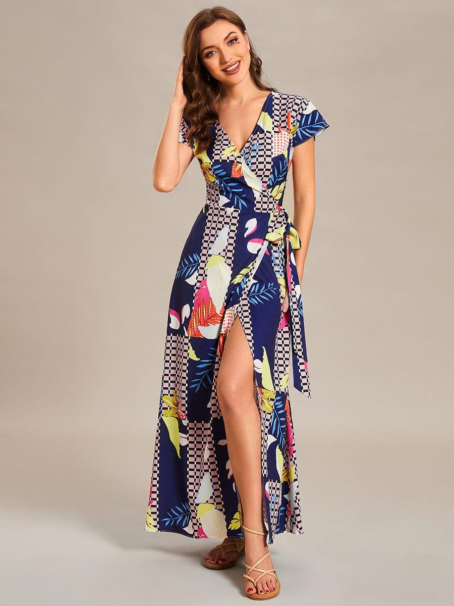 One-Piece Printed Short Sleeve Tie-Waist Wedding Guest Dress #color_Printed Geometry
