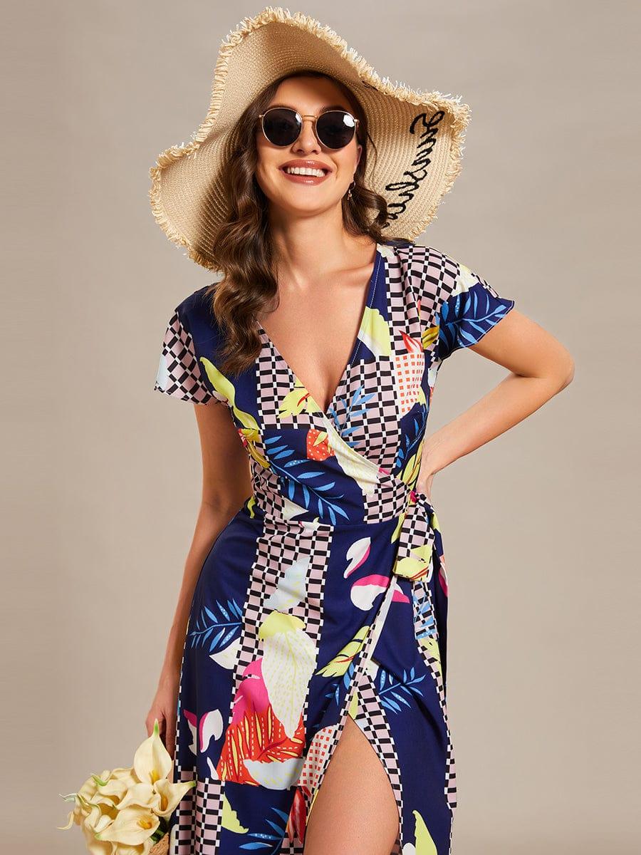 One-Piece Printed Short Sleeve Tie-Waist Wedding Guest Dress #color_Printed Geometry