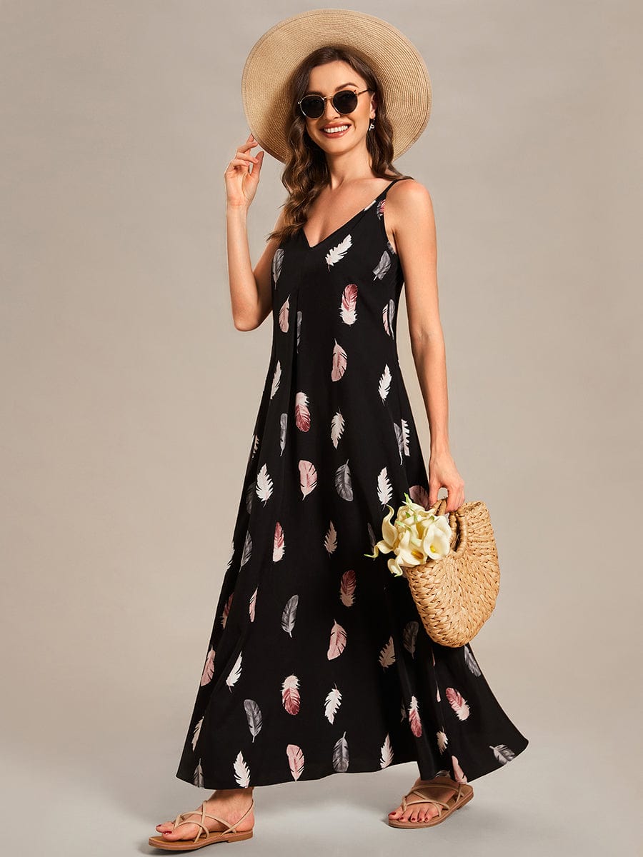 Loose Spaghetti Strap A-Line Summer Beach Vacation Maxi Dress #color_Black and Printed