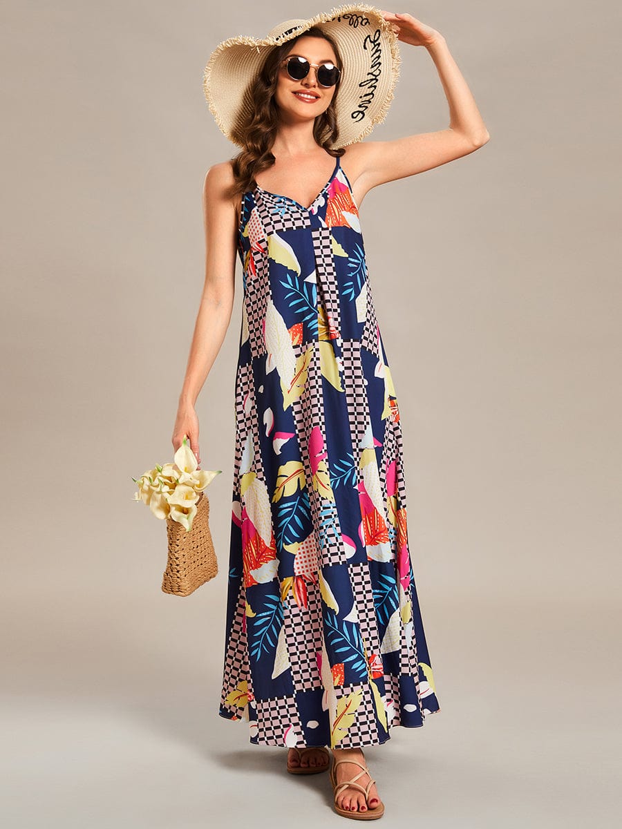 Loose Spaghetti Strap A-Line Summer Beach Vacation Maxi Dress #color_Printed Geometry
