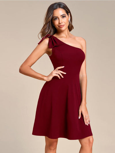 One Shoulder with Bowknot Sleeveless A-Line Summer Mini Dress #color_Burgundy