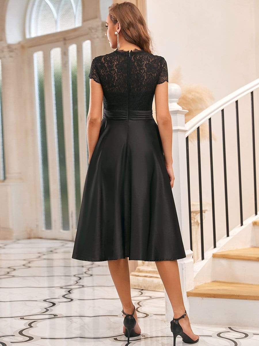 Romantic V-neck Lace Bodice A-line Cocktail Dress #color_Black