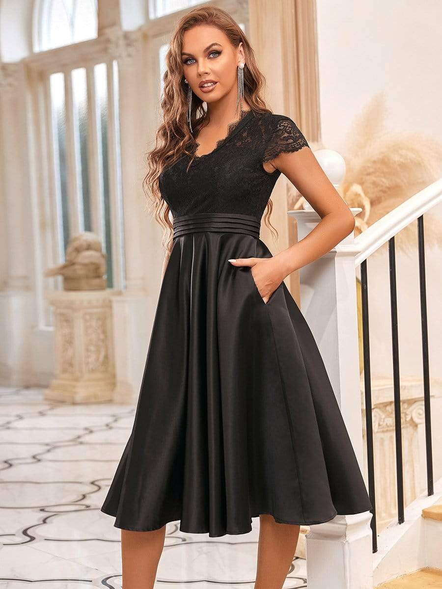 Romantic V-neck Lace Bodice A-line Cocktail Dress #color_Black