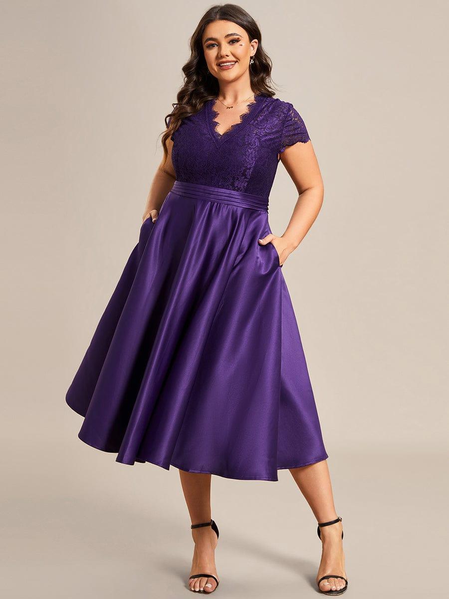 Plus Size V-neck Lace Bodice A-line Cocktail Dress with Sleeves #color_Dark Purple