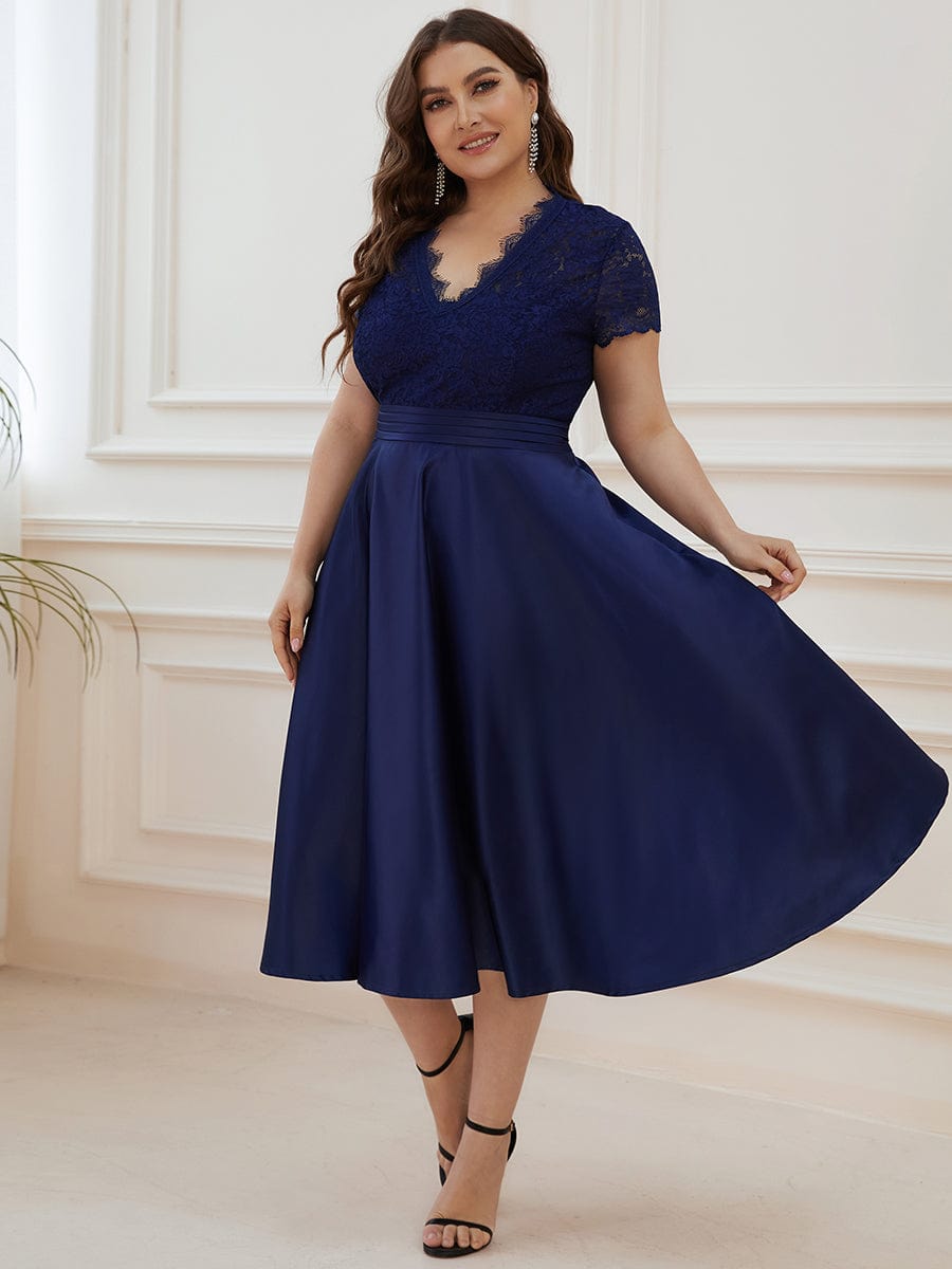 Custom Size V-neck Lace Bodice A-line Cocktail Dress with Sleeves #color_Navy Blue