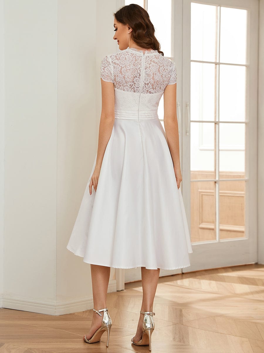 Romantic V-neck Lace Bodice A-line Cocktail Dress #color_White