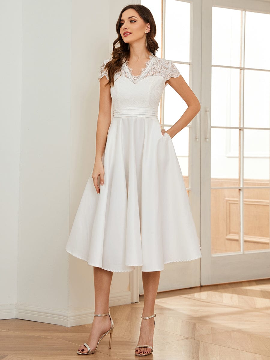 Romantic V-neck Lace Bodice A-line Cocktail Dress #color_White