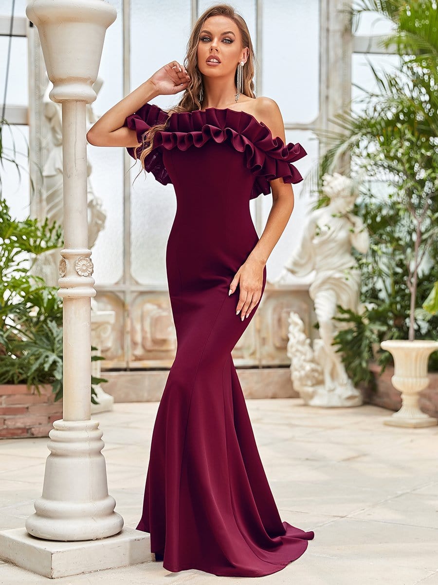 Off The Shoulder A Line Mermaid Maxi Evening Gown #color_Burgundy