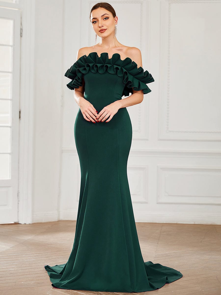 Off The Shoulder A Line Mermaid Maxi Evening Gown #color_Dark Green
