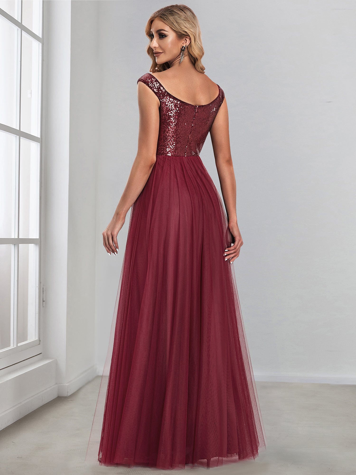 A-line Sequin Off the Shoulder Maxi Tulle Evening Dress #color_Burgundy