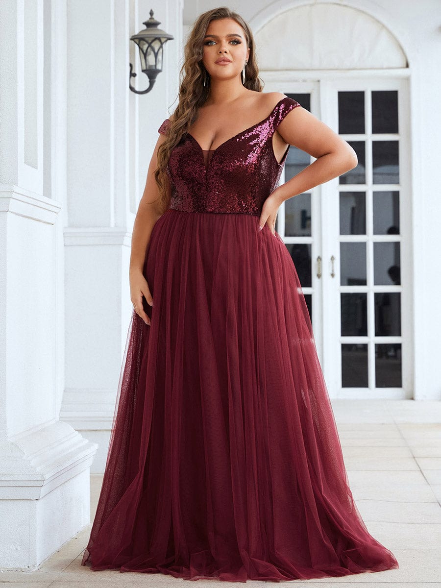 Custom Size A-line Sequin Off the Shoulder Maxi Tulle Evening Dress #color_Burgundy