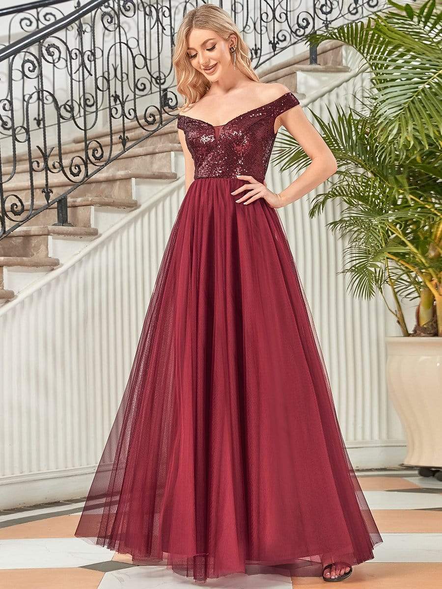 Shiny Sequin Bodice Off the Shoulder Maxi Tulle Evening Dress #color_Burgundy