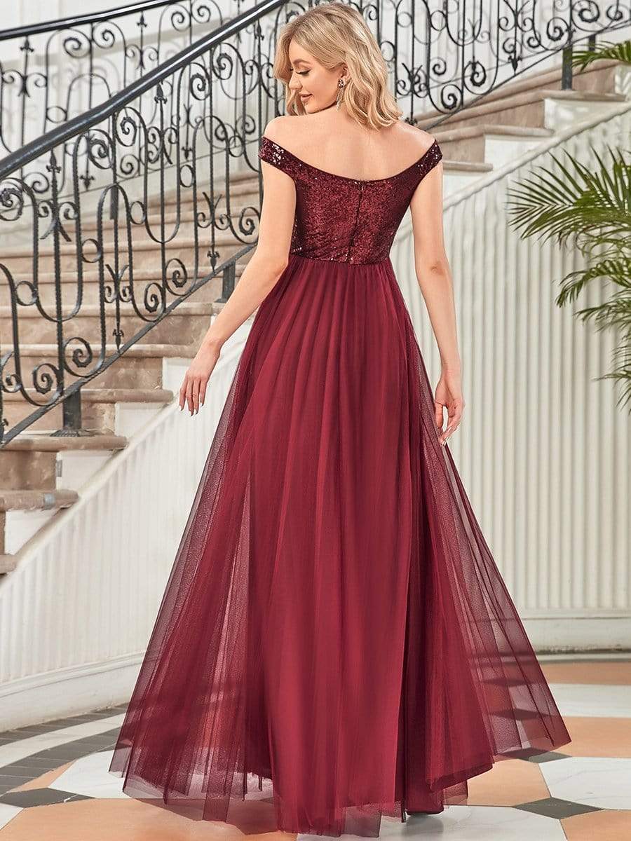 Shiny Sequin Bodice Off the Shoulder Maxi Tulle Evening Dress #color_Burgundy