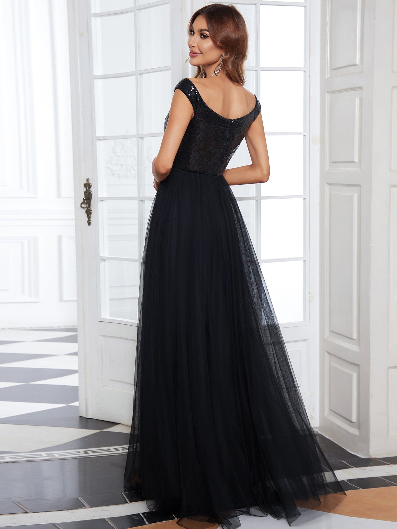 A-line Sequin Off the Shoulder Maxi Tulle Evening Dress #color_Black