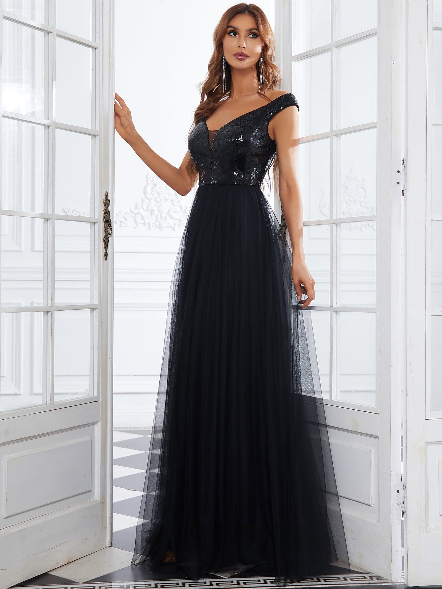 A-line Sequin Off the Shoulder Maxi Tulle Evening Dress #color_Black
