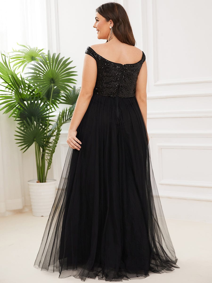 Custom Size A-line Sequin Off the Shoulder Maxi Tulle Evening Dress #color_Black