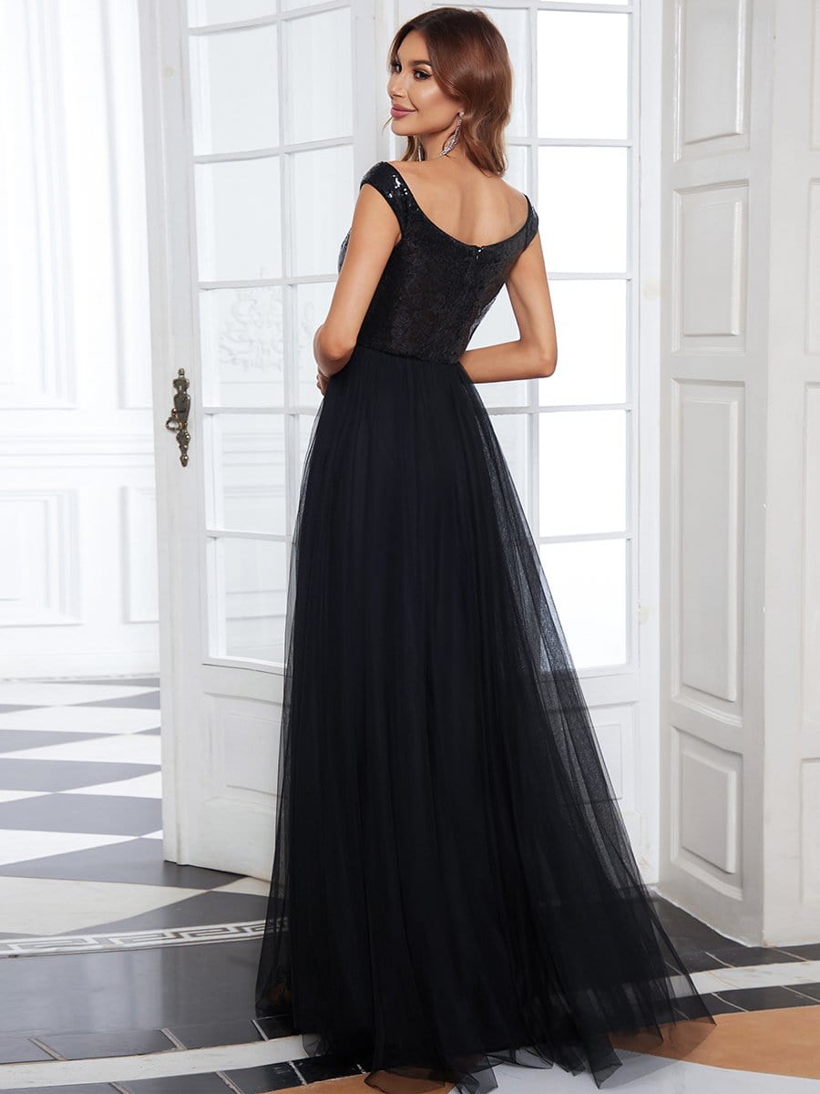 Shiny Sequin Bodice Off the Shoulder Maxi Tulle Evening Dress #color_Black 