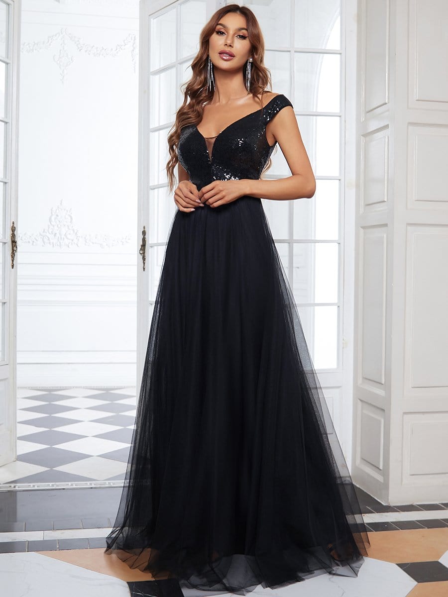 Shiny Sequin Bodice Off the Shoulder Maxi Tulle Evening Dress #color_Black 