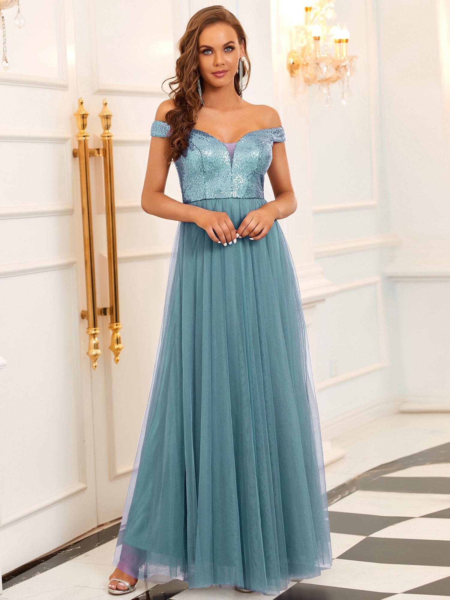 A-line Sequin Off the Shoulder Maxi Tulle Evening Dress #color_Dusty Blue