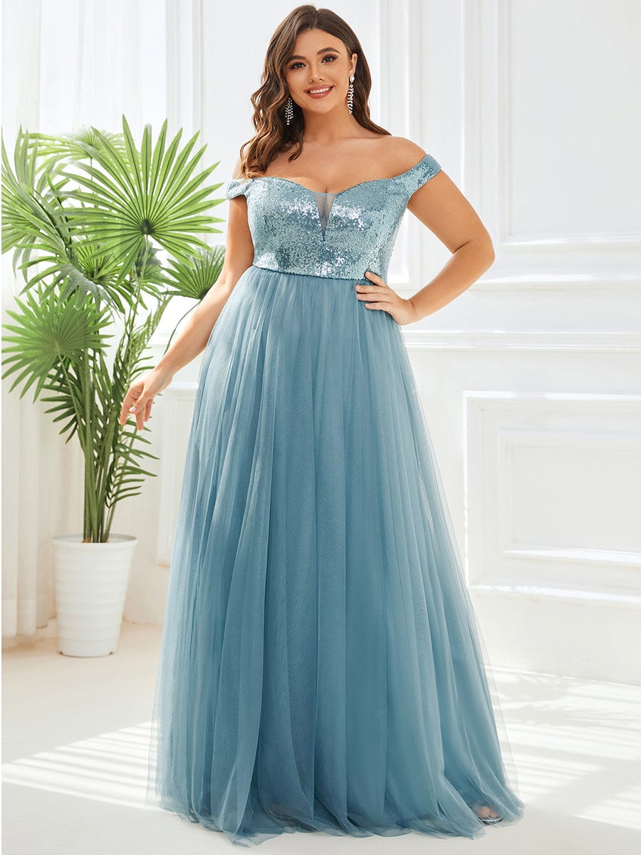 Custom Size A-line Sequin Off the Shoulder Maxi Tulle Evening Dress #color_Dusty Blue