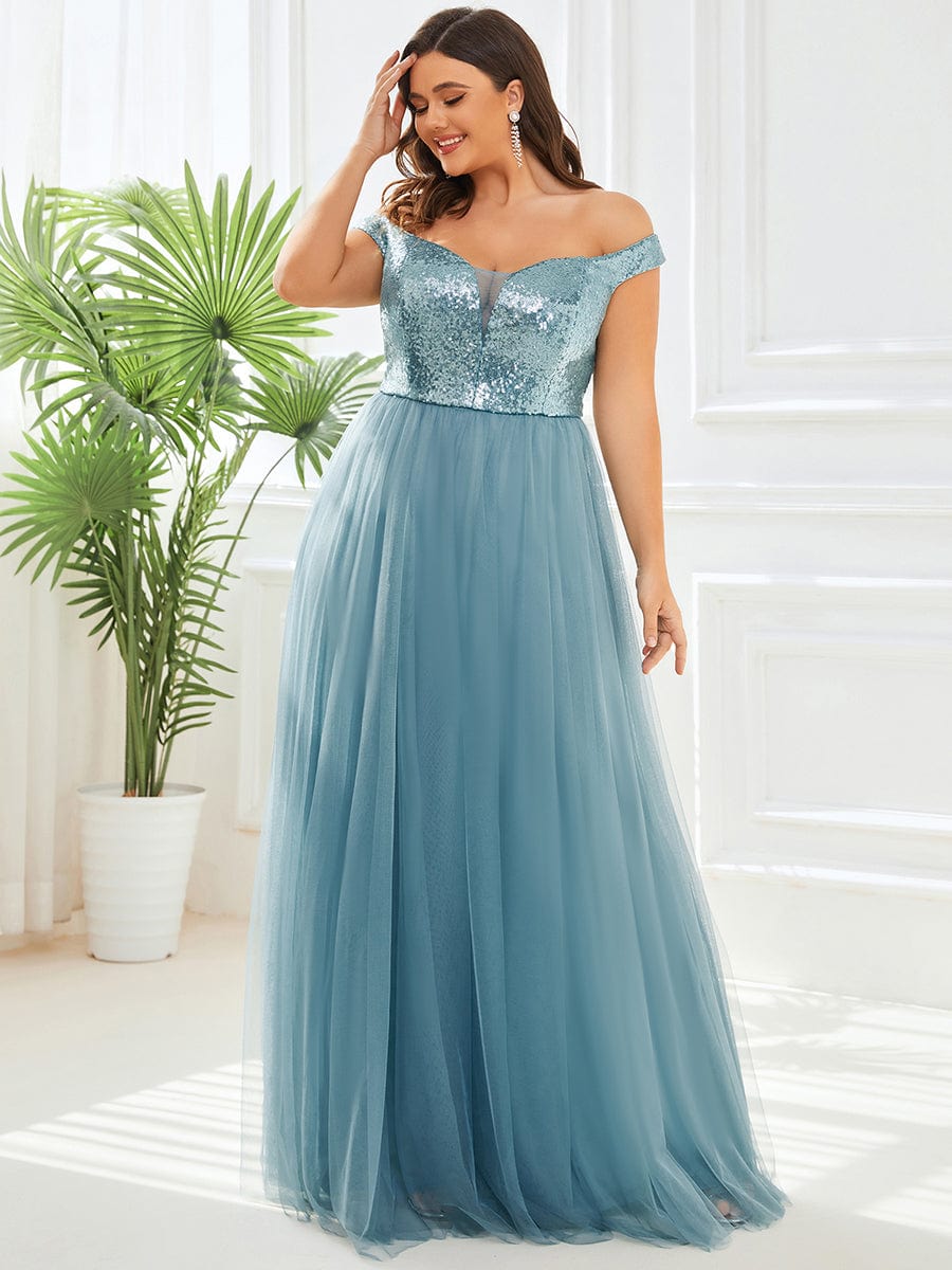 Custom Size A-line Sequin Off the Shoulder Maxi Tulle Evening Dress