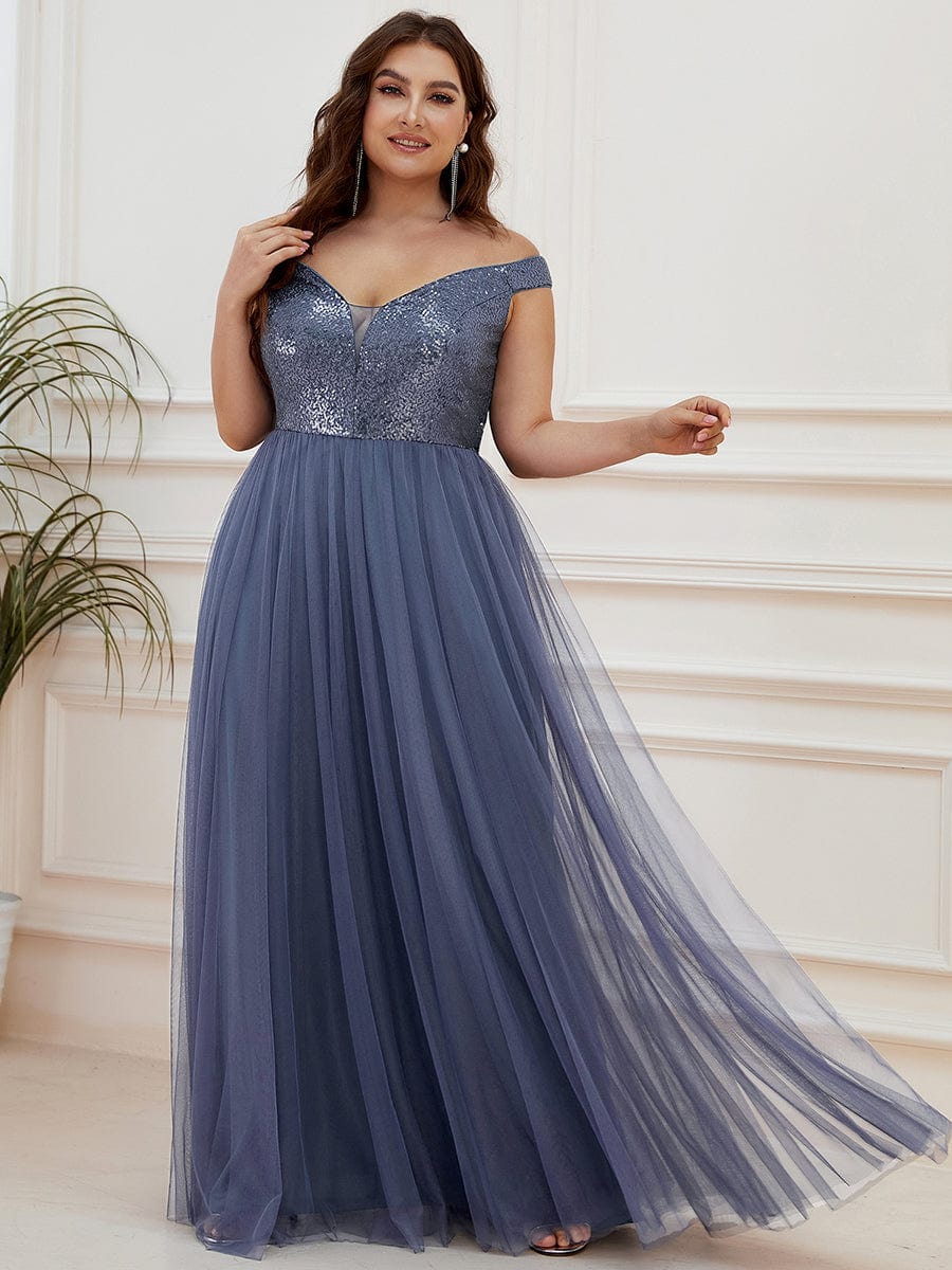 Custom Size A-line Sequin Off the Shoulder Maxi Tulle Evening Dress #color_Dusty Navy