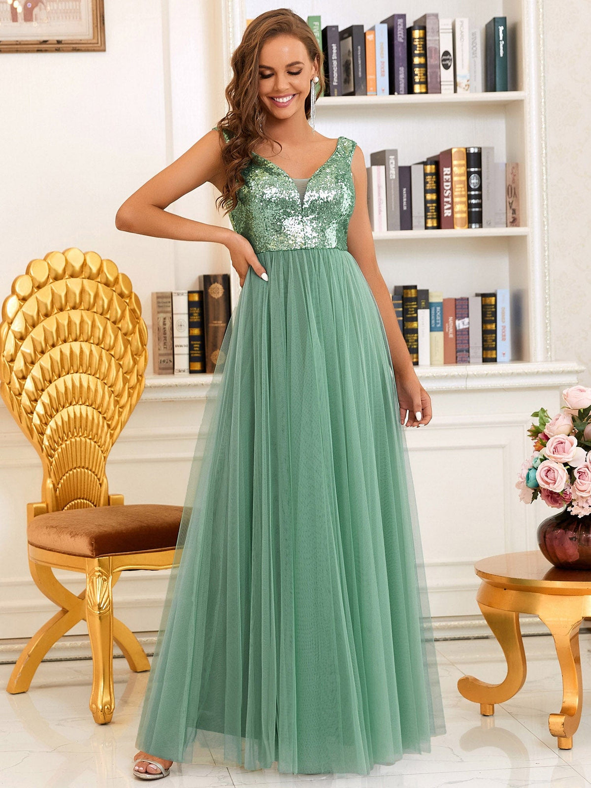 A-line Sequin Off the Shoulder Maxi Tulle Evening Dress #color_Green Bean
