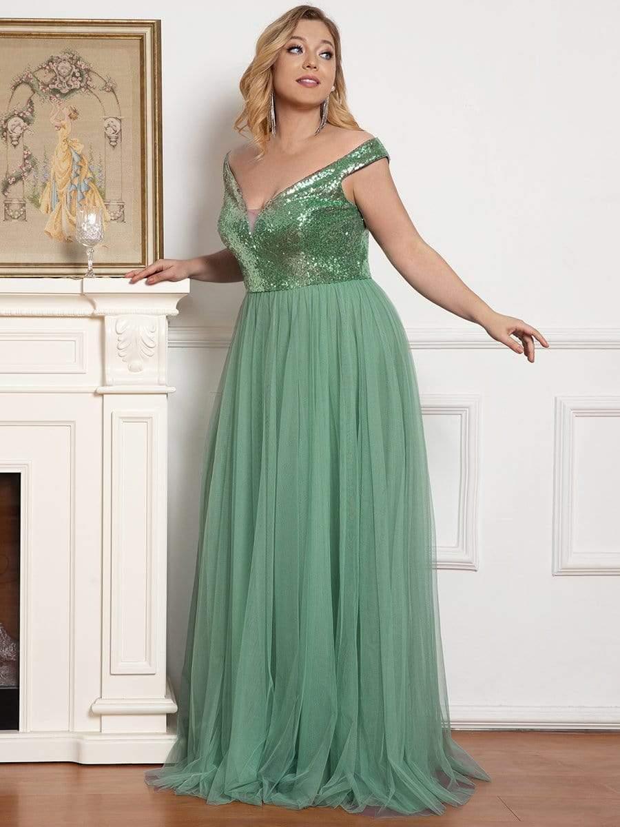 Plus Size Long Sequin Special Occasion Dresses #color_Green Bean 