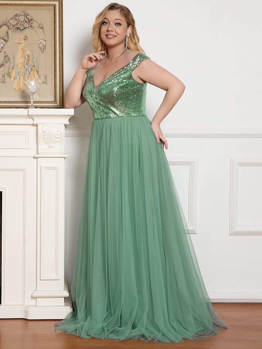 Plus Size Long Sequin Special Occasion Dresses #color_Green Bean 
