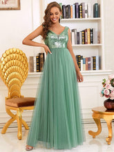Shiny Sequin Bodice Off the Shoulder Maxi Tulle Evening Dress #color_Green Bean 