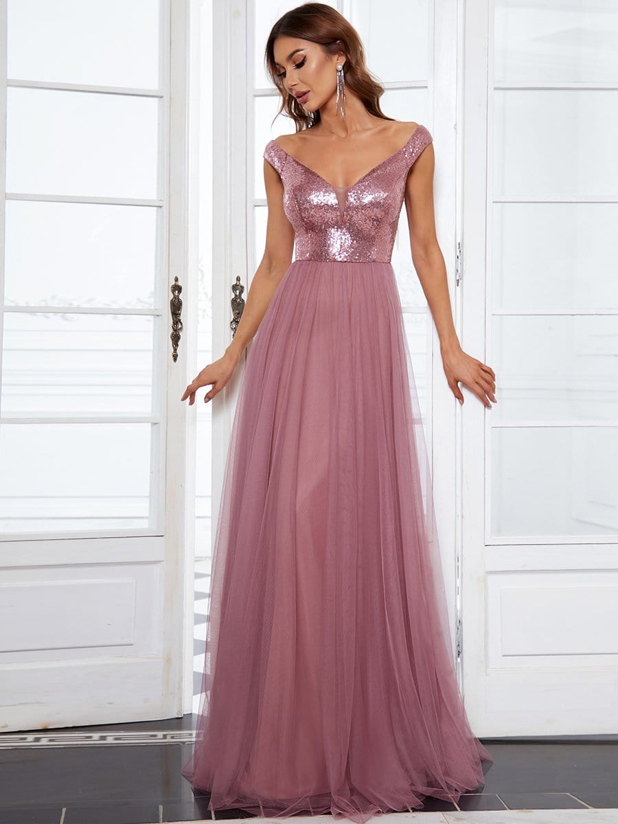 Shiny Sequin Bodice Off the Shoulder Maxi Tulle Evening Dress