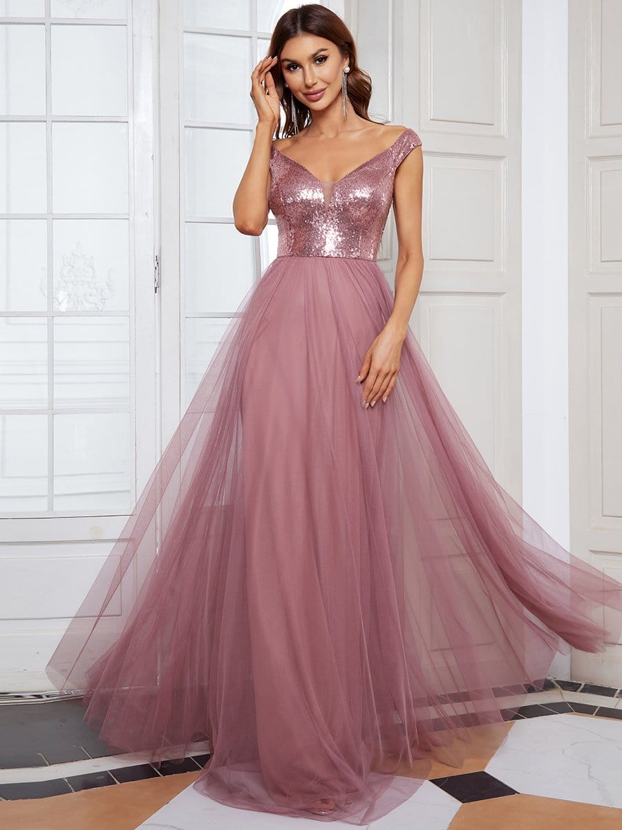 Shiny Sequin Bodice Off the Shoulder Maxi Tulle Evening Dress #color_Purple Orchid 