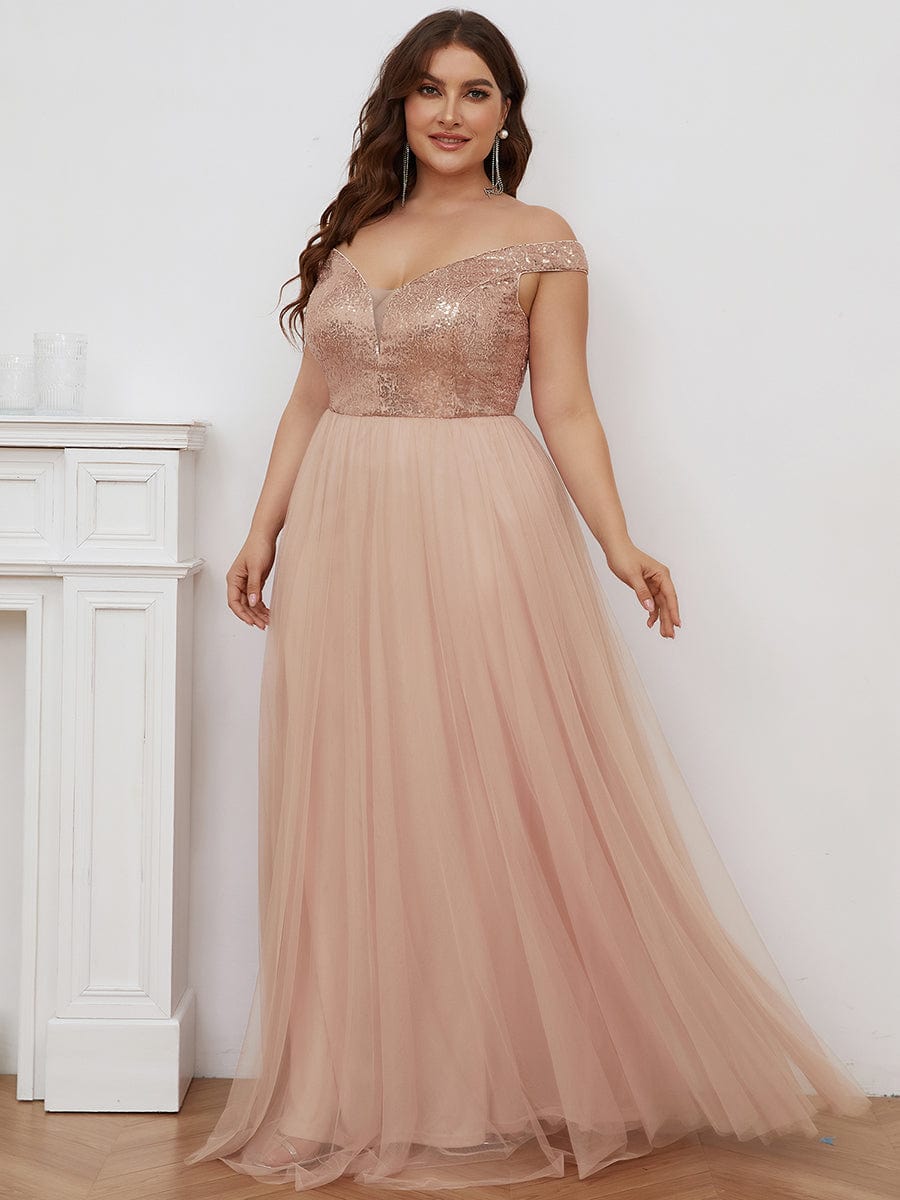 Custom Size A-line Sequin Off the Shoulder Maxi Tulle Evening Dress #color_Rose Gold