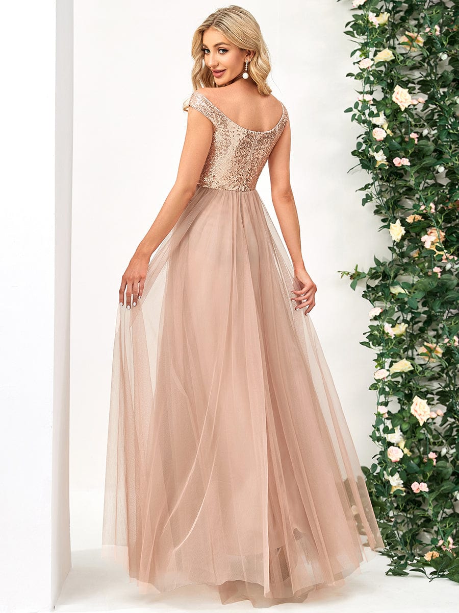 Shiny Sequin Bodice Off the Shoulder Maxi Tulle Evening Dress #color_Rose Gold 