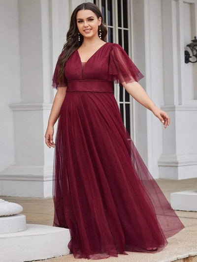 Plus Size Romantic V Neck Tulle Evening Dress with Ruffle Sleeves #color_Burgundy