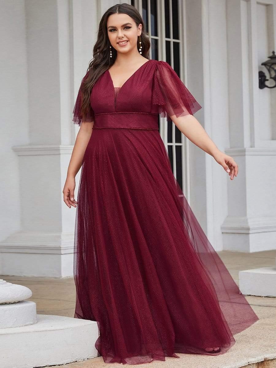Plus Size Romantic V Neck Tulle Evening Dress with Ruffle Sleeves #color_Burgundy