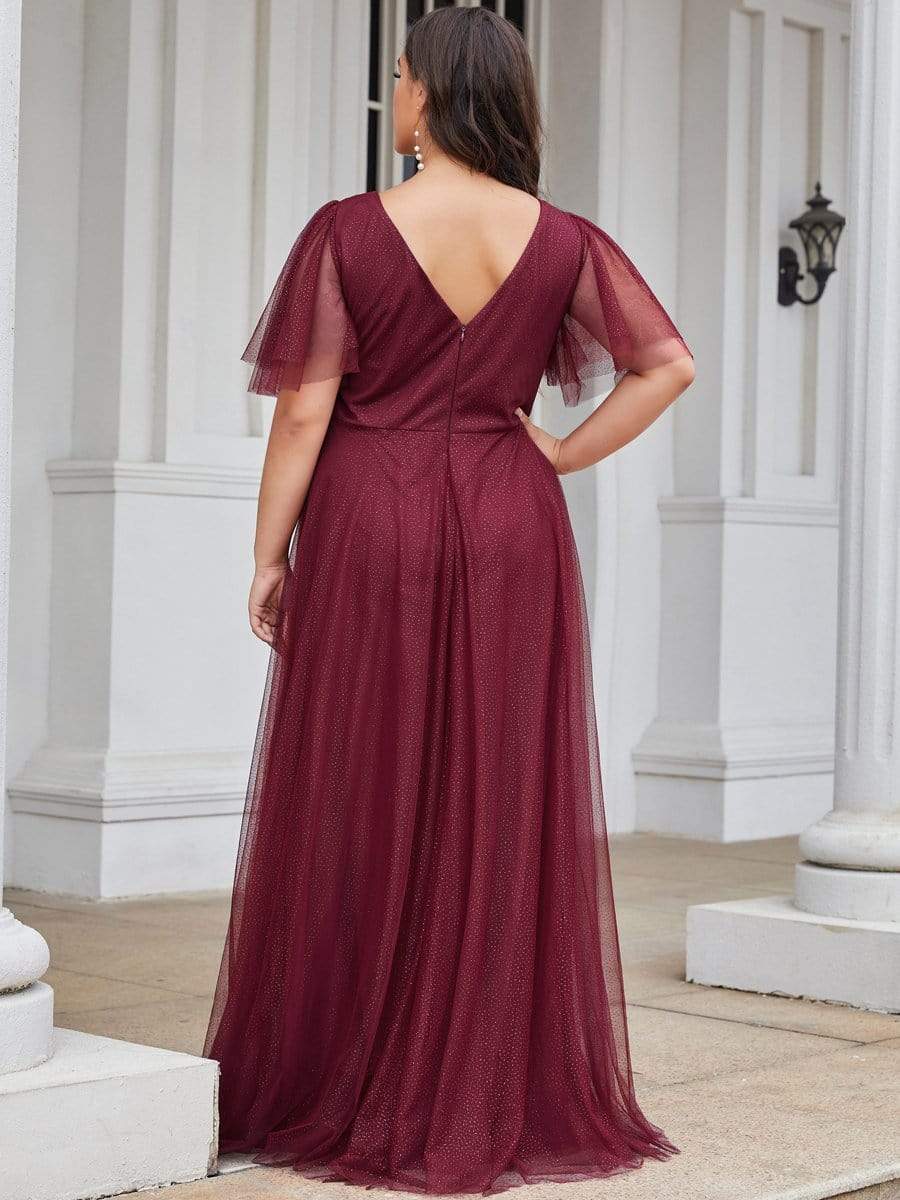 Plus Size Romantic V Neck Tulle Evening Dress with Ruffle Sleeves #color_Burgundy