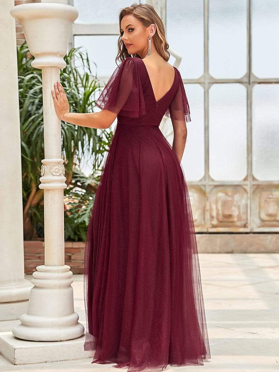 Romantic V Neck Tulle Evening Dress with Ruffle Sleeves #color_Burgundy