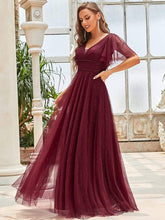 Romantic V Neck Tulle Evening Dress with Ruffle Sleeves #color_Burgundy