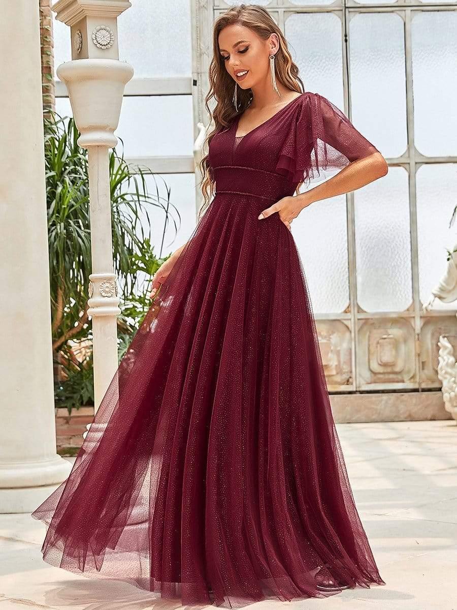 Romantic V Neck Tulle Evening Dress with Ruffle Sleeves