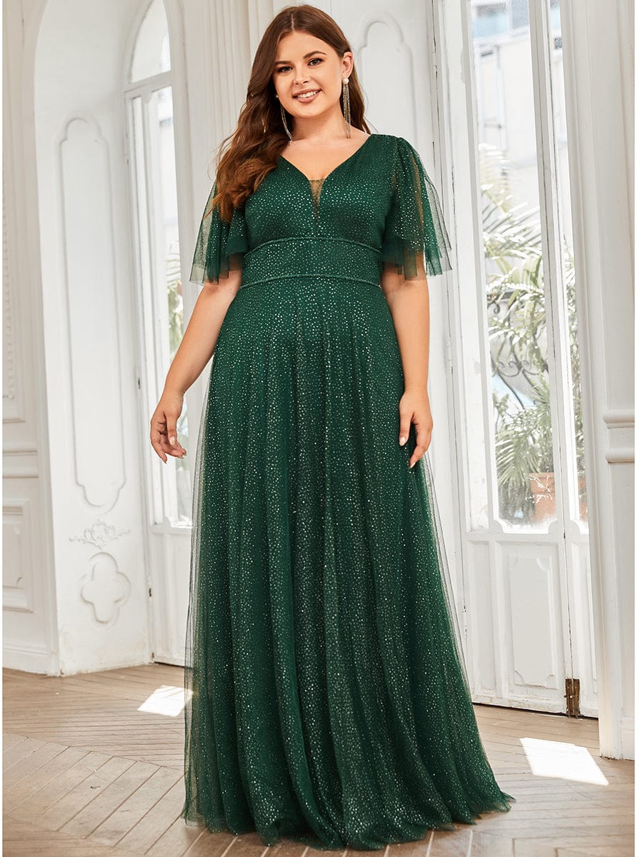 Plus Size Romantic V Neck Tulle Evening Dress with Ruffle Sleeves #color_Dark Green