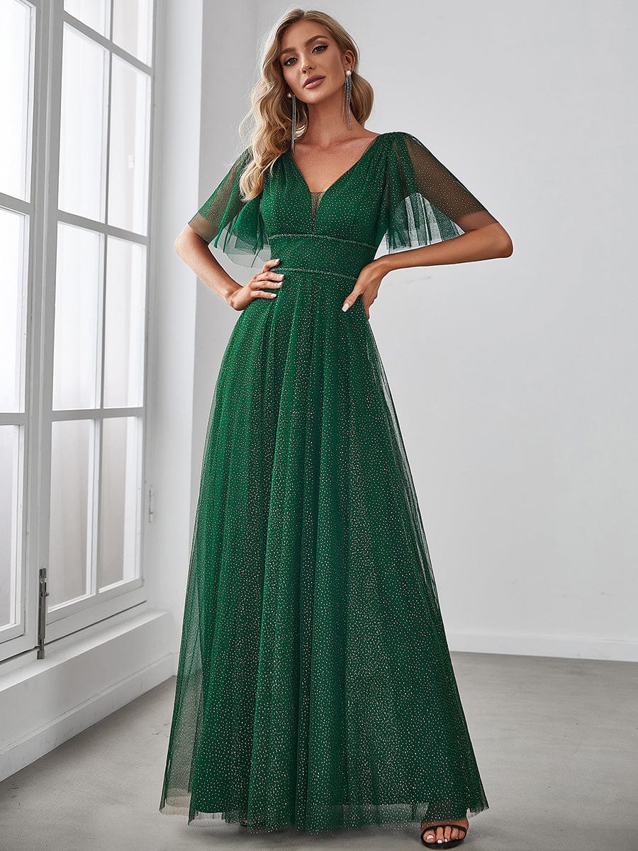 Romantic V Neck Tulle Evening Dress with Ruffle Sleeves #color_Dark Green