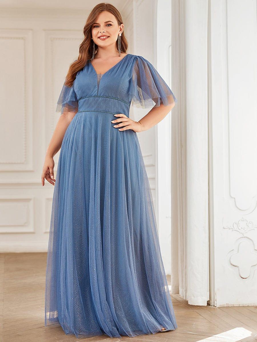 Romantic V Neck Tulle Evening Dress with Ruffle Sleeves #color_Dusty Blue