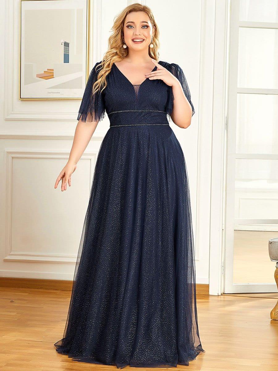 Plus Size V Neck Tulle Formal Evening Dress with Ruffle Sleeves